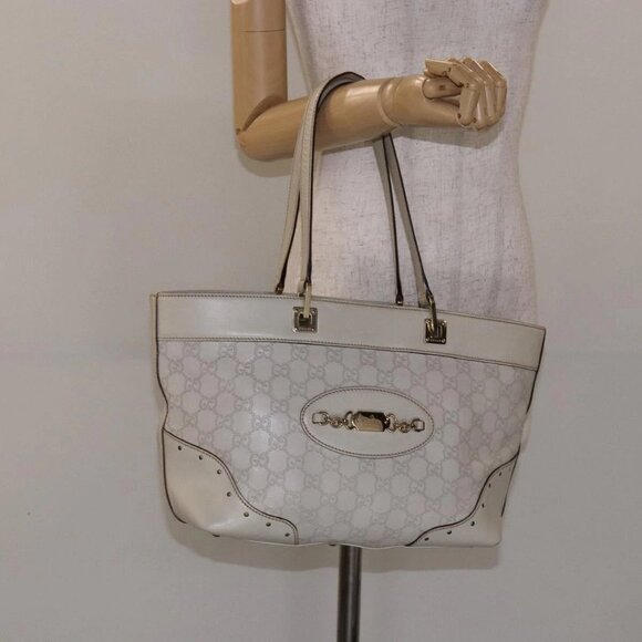 GUCCI GG Canvas Guccissima Horsebit Tote Bag White Gold 145993 Auth 132199 - Picture 1 of 16